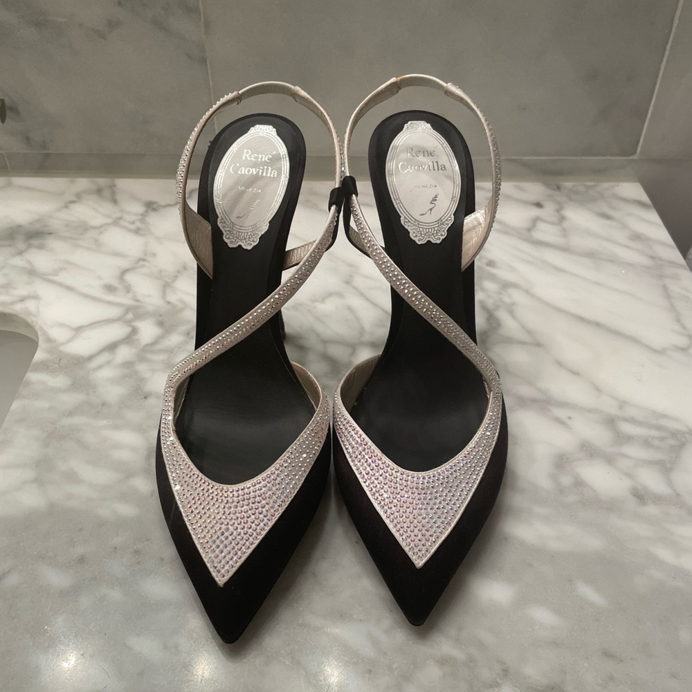 Rene Caovilla Asymmetric Satin Sling Back in Black & White